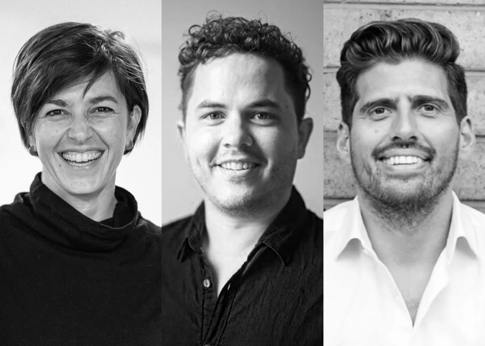Black-and-white headshots of three Topham Guerin team members.