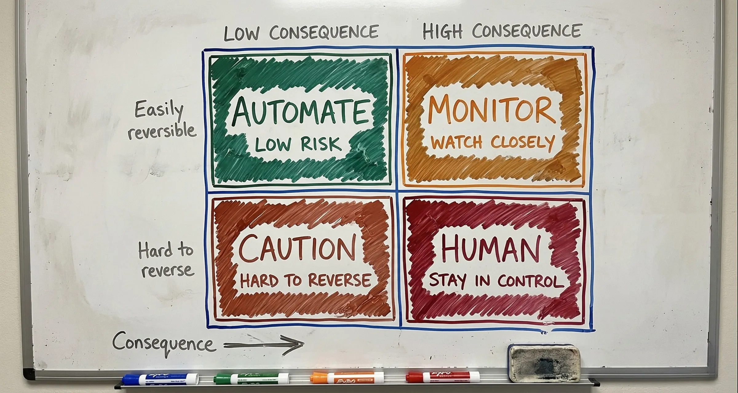 Whiteboard two-by-two matrix with consequence (low to high) across the top and reversibility down the side. Low consequence, easily reversible: automate, low risk. High consequence, easily reversible: monitor, watch closely. Low consequence, hard to reverse: caution. High consequence, hard to reverse: human, stay in control.