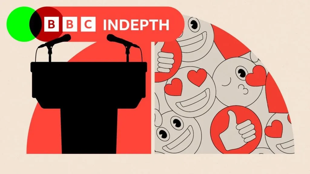 BBC InDepth illustration: a silhouetted lectern with two microphones beside a cluster of heart-eyes, smiling and thumbs-up emojis.