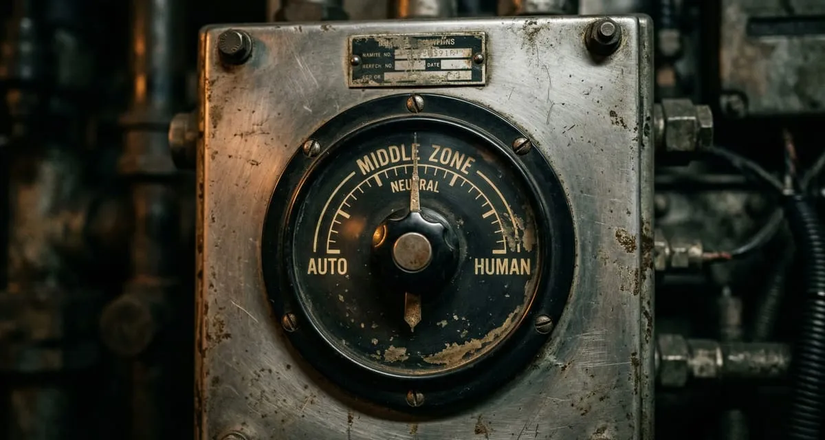 A worn industrial control dial on a metal panel, marked AUTO on the left and HUMAN on the right, with its needle pointing straight up at MIDDLE ZONE.