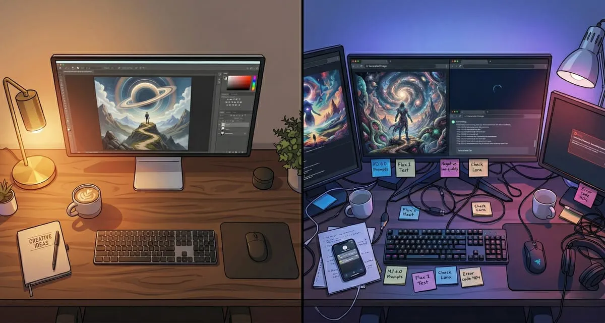 Illustration contrasting a calm creative desk with a chaotic generative-AI workstation covered in prompt sticky notes.