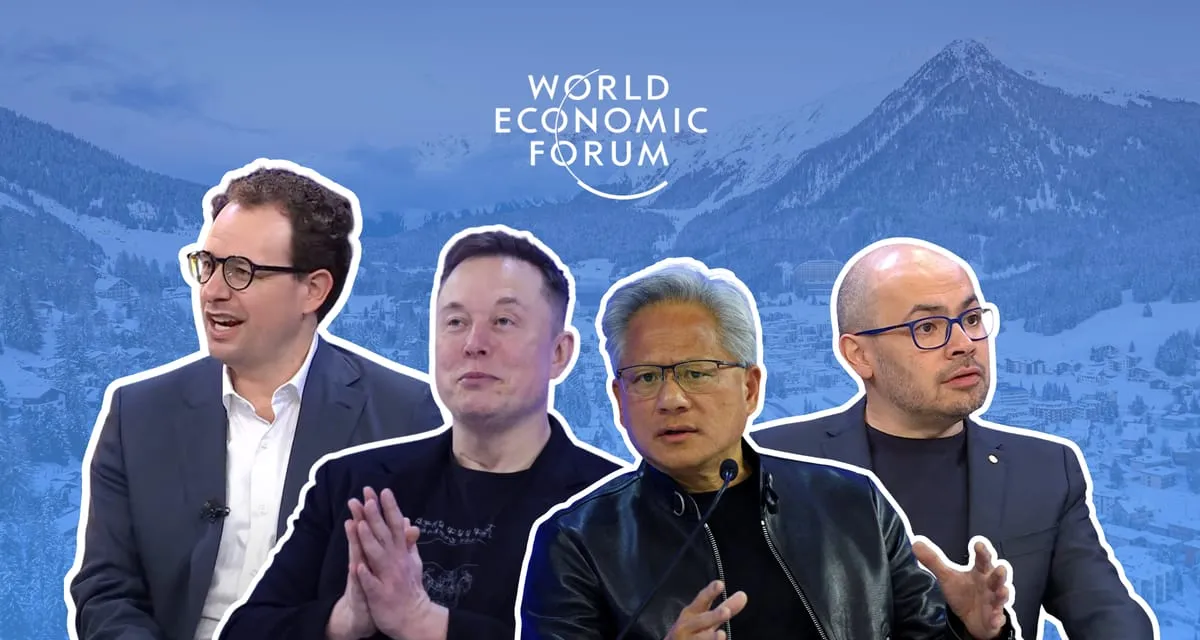 Cut-outs of Dario Amodei, Elon Musk, Jensen Huang and Demis Hassabis against a snowy Davos valley, under the World Economic Forum logo.