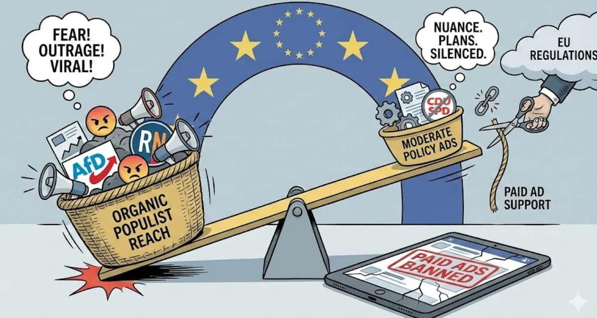 Cartoon of a seesaw under an arch of EU stars: a heavy basket of “organic populist reach” with AfD and RN logos and megaphones outweighs a small basket of “moderate policy ads” with CDU and SPD logos, as a hand labelled EU regulations cuts the rope of “paid ad support” beside a tablet stamped “paid ads banned”.