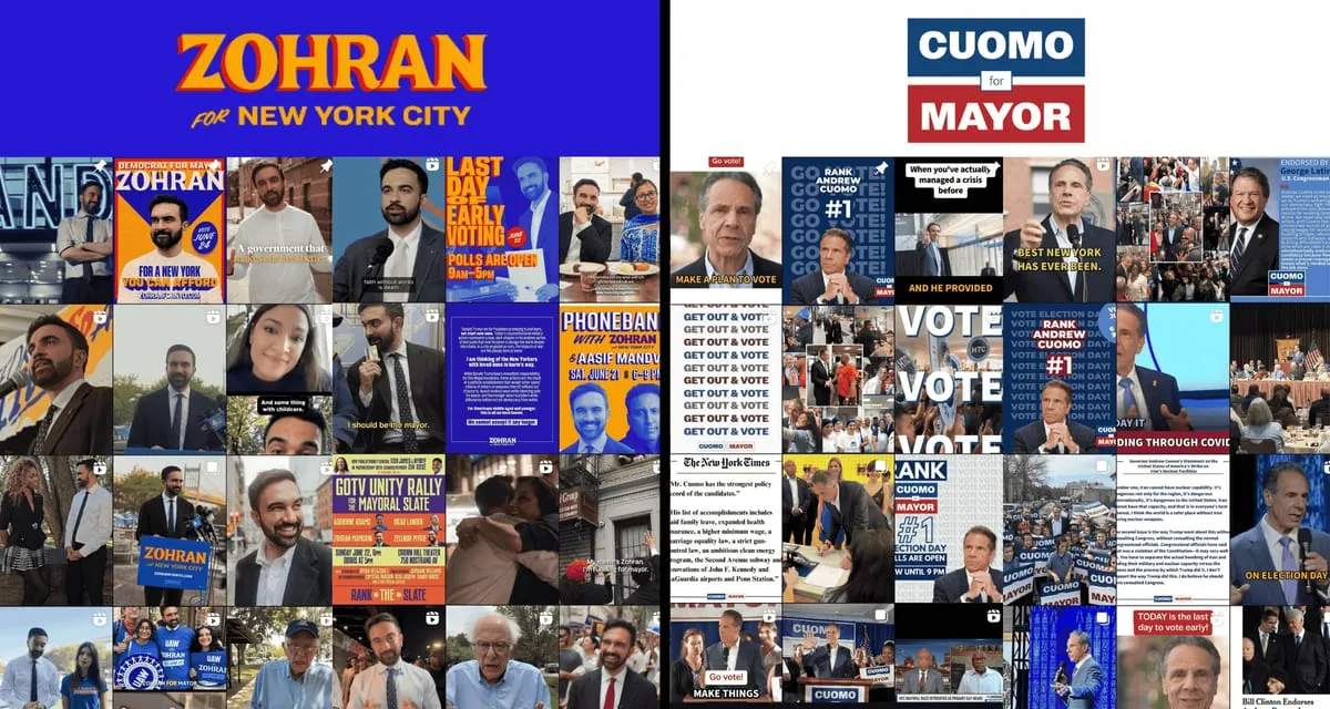 Two Instagram grids side by side: Zohran Mamdani’s, under a yellow-and-blue “Zohran for New York City” logo, full of street conversations with New Yorkers; Andrew Cuomo’s, under a red, white and blue “Cuomo for Mayor” logo, full of TV clips, press screenshots and “Vote” graphics.