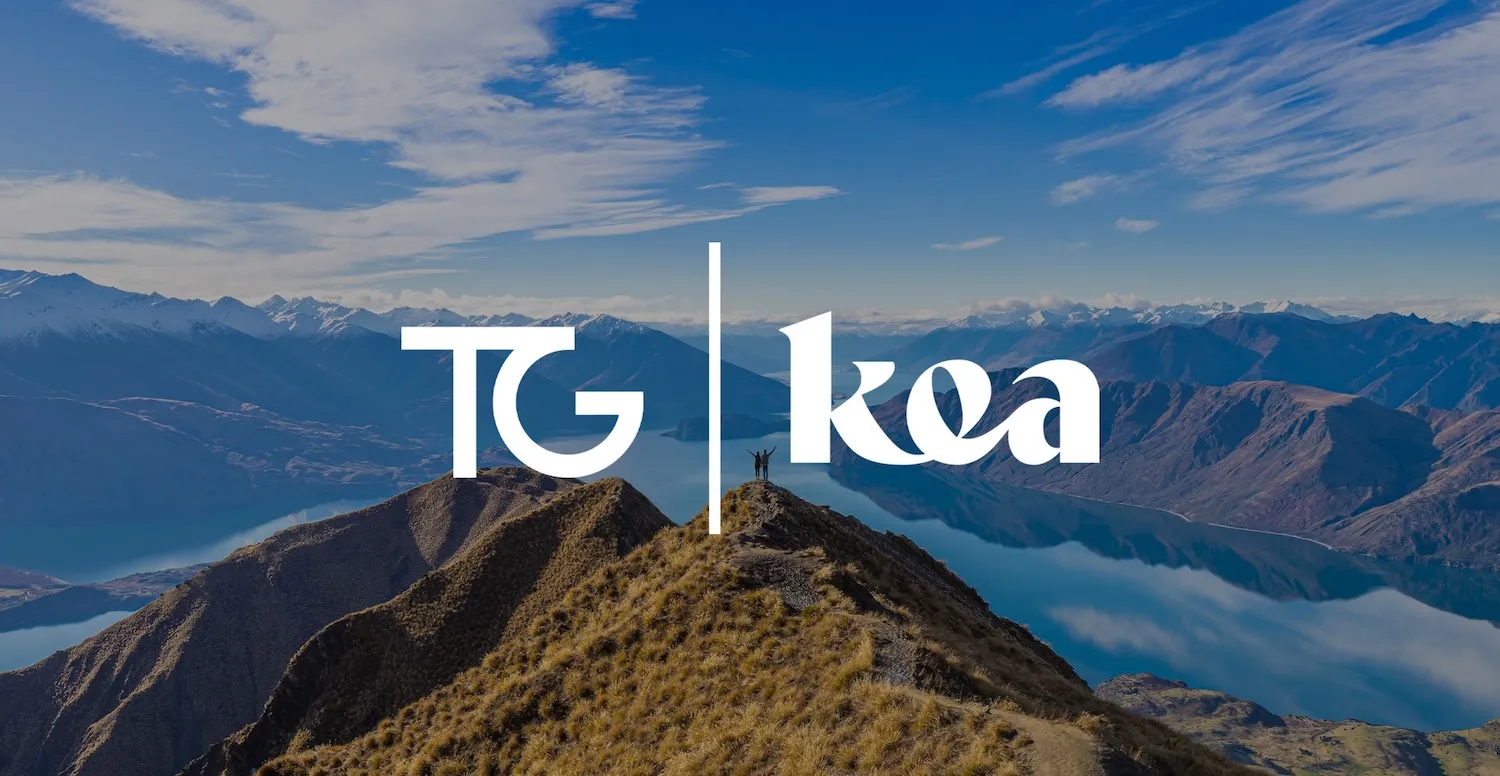 Topham Guerin and Kea logo lockup over a New Zealand mountain landscape.