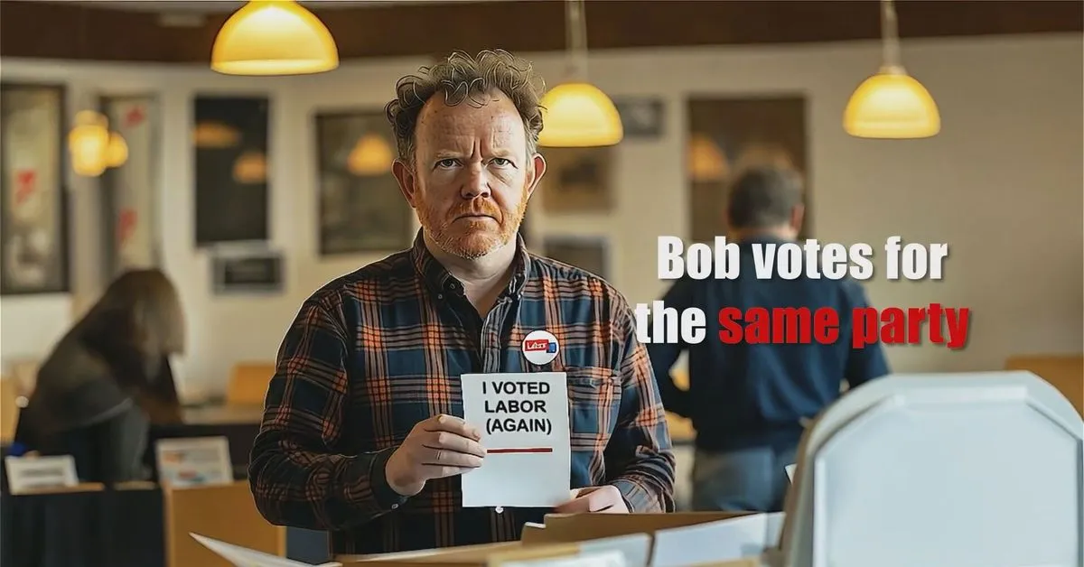Still from the Liberal Party’s AI-generated ad: a voter holds an “I voted Labor (again)” envelope beside the caption “Bob votes for the same party”.