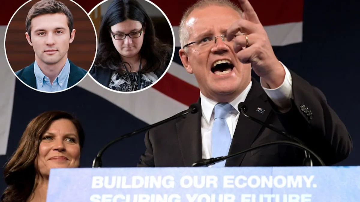 Australian prime minister Scott Morrison at a campaign podium, with inset photos of two Topham Guerin staff.