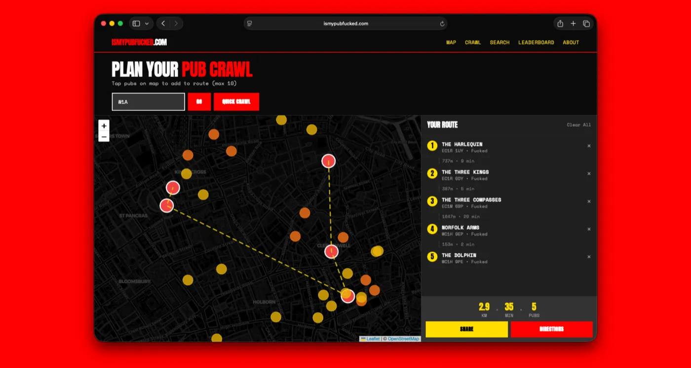 The site’s pub crawl planner: a five-pub walking route through Clerkenwell and Bloomsbury drawn on a dark map, 2.9 km and 35 minutes.