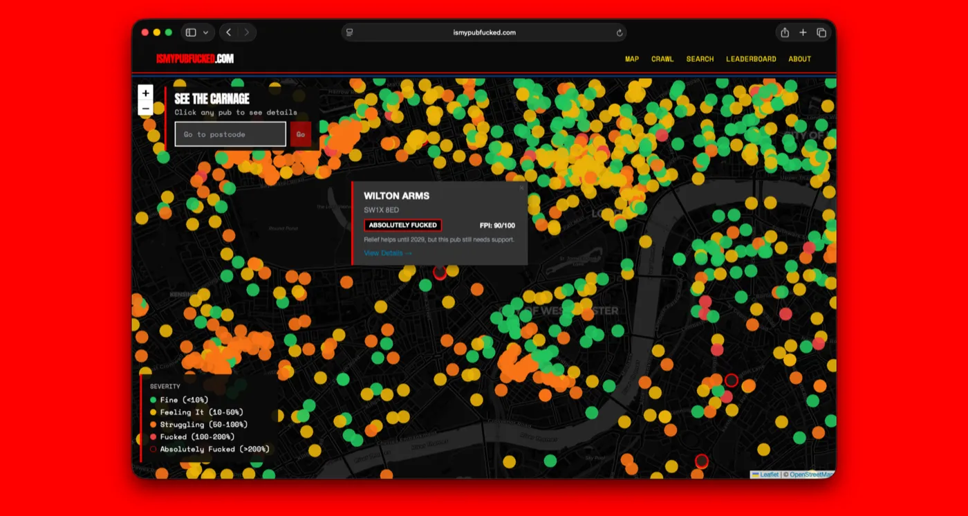 Map of central London on ismypubf***ed.com, with each pub a coloured dot by severity, from green (fine) to red (absolutely f***ed); a popup for the Wilton Arms, SW1X, shows an FPI of 90 out of 100.