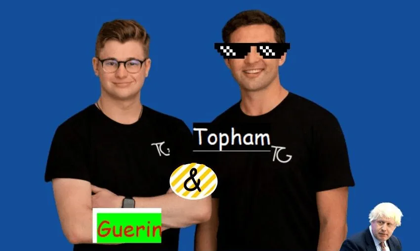 A meme-style graphic of Topham Guerin’s co-founders in TG t-shirts with “Topham & Guerin” lettering and a cut-out of Boris Johnson.