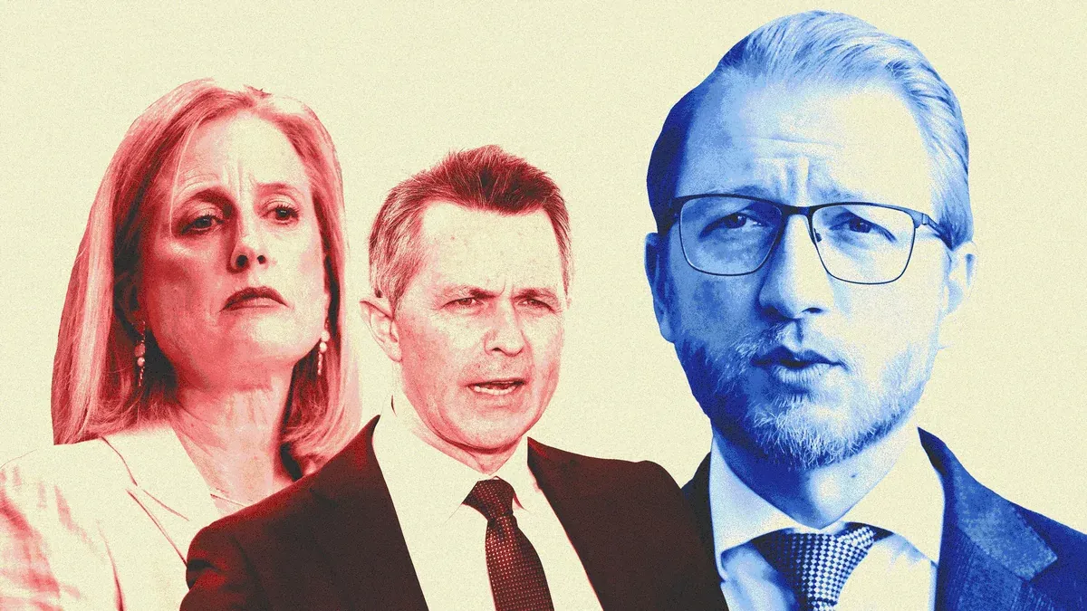 A stylised tri-tone composite of three Australian political figures.