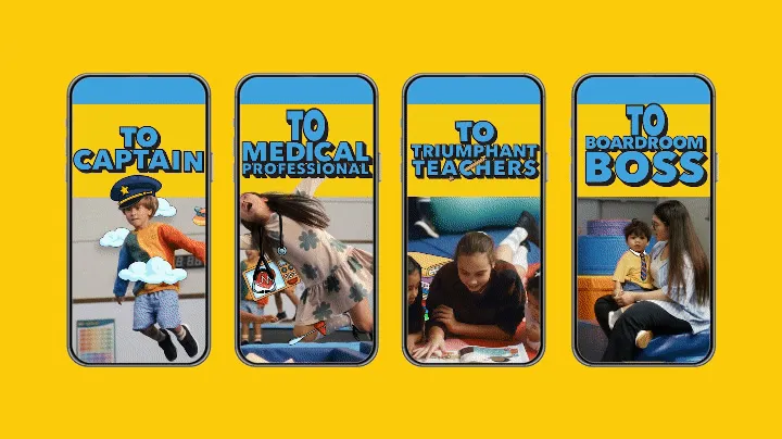 Four smartphones on a yellow background, each playing a vertical-video still from Topham Guerin’s Triple P “Next Gen Parenting” film, with playful headline overlays casting children as their future selves: “To Captain”, “To Medical Professionals”, “To Triumphant Teachers” and “To Boardroom Boss”.