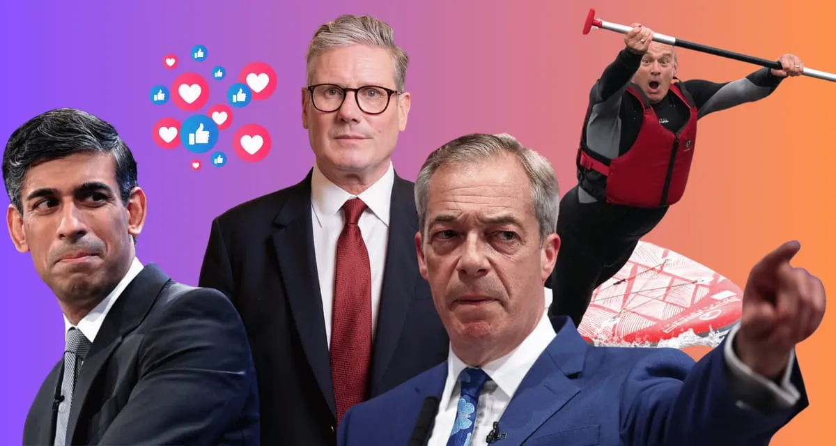 Collage on a purple-to-orange gradient: Rishi Sunak, Keir Starmer and Nigel Farage in suits, with Ed Davey tumbling off a paddleboard behind them and a cluster of like and heart icons.